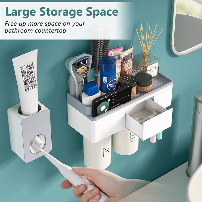 Multifunctional Toothbrush Holder,  Wall Mounted Toothbrush Holder Set with Auto Toothpaste Dispenser, 4 Toothbrush Slots, 2 Cups, Phone Holder & Drawer Organizer for Bathroom & Washroom