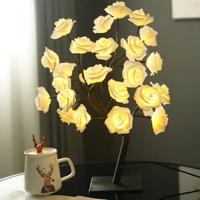 24 LED Rose Flower Tree Lights USB Table Lamp Fairy Night Light Party Christmas Wedding Bedroom Home Tabletop Decor Girls Gift