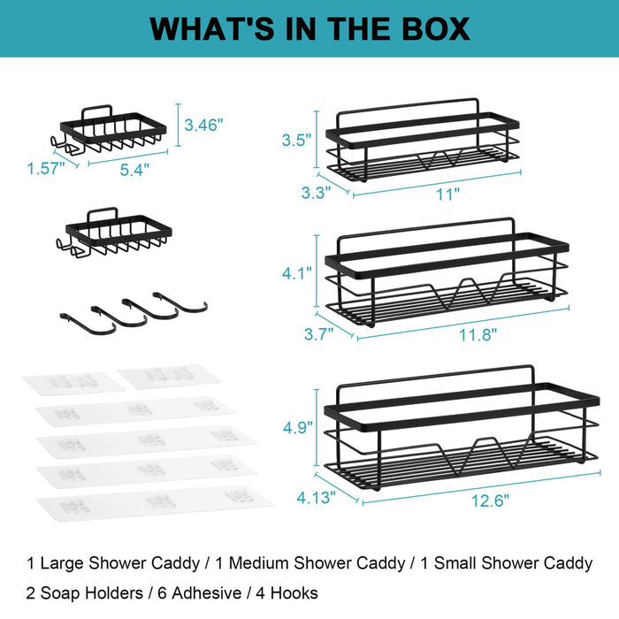 Shower Caddy Shelf Organizer, 5 Pack No Drilling Adhesive Wall Mounted Bathroom Organizer Basket, Black