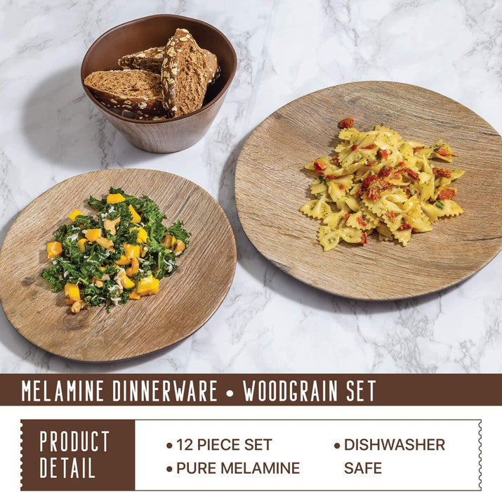 Melamine Dinnerware Sets - 12 Pcs Melamine Plates Outdoor Plates Summer Plates and Bowls Sets Melamine Plates Ideal Camping Dish Set Dinnerware Set for 4 Dishwasher Safe (Wood Grain)