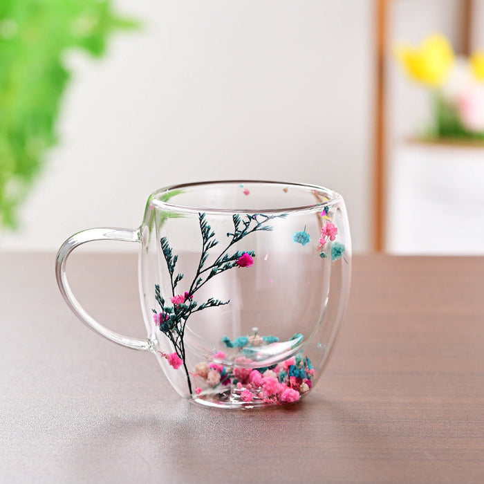 Creative Household Coffee Milk Dried Flower Quicksand Double Layer Glass Cup