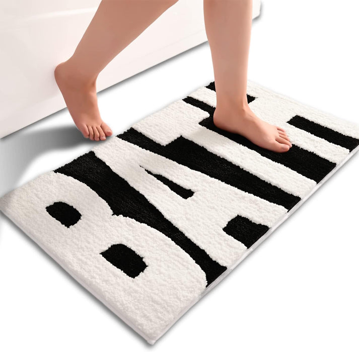 Feblilac Rectangular Black and White Letter Print Tufted Bath Mat