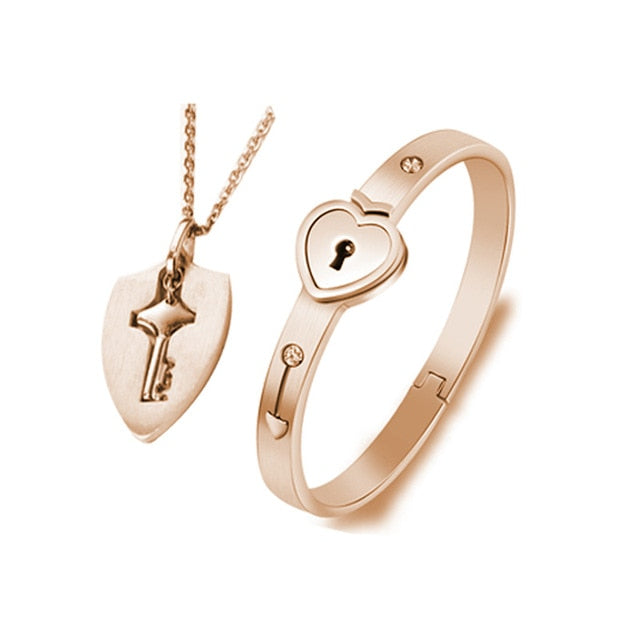 Stainless Steel Love Heart Lock Bangle Bracelet - Okeihouse