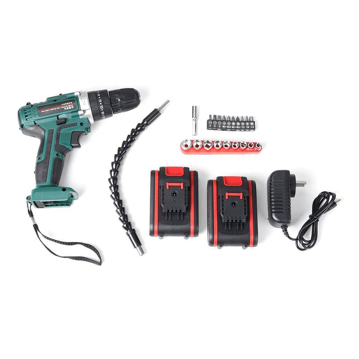 Cordless Impact Drill Driver High/Low 25+3 Gears Speed 2 Battery Set