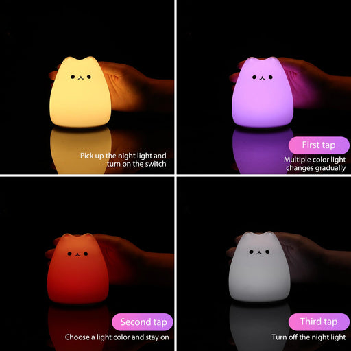 Mini Kawaii Popular Cat Baby Night Lamp 7-Color Pat Touch Color-Changing Eye Protection Bedroom Bedside Nightlight Gift Children