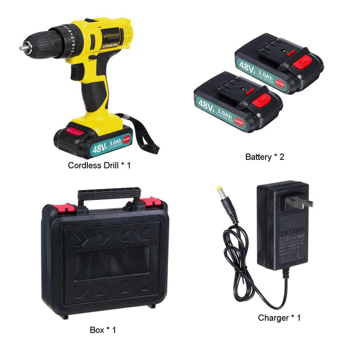 48VF 3000mAh Electric Screwdriver Rechargeable Power Impact Drill 25+1 Torque W/ 1 or 2 Li-ion Battery