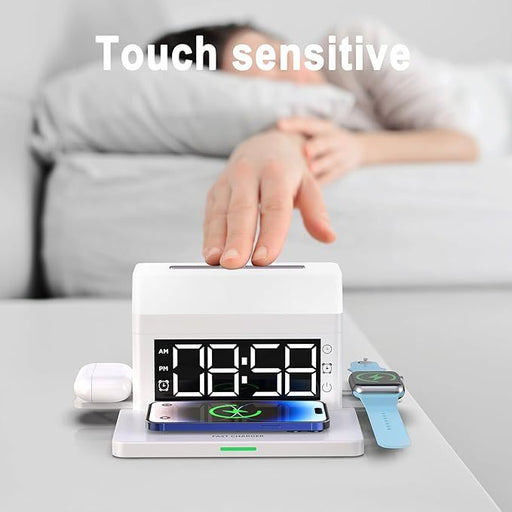 Digital LED Alarm Clock For Bedrooms Fast Wireless Charger Station For Phone Earphones Smartwatch Detachable Portable Colorful Big Night Light  USB Charging Port 12 24H White