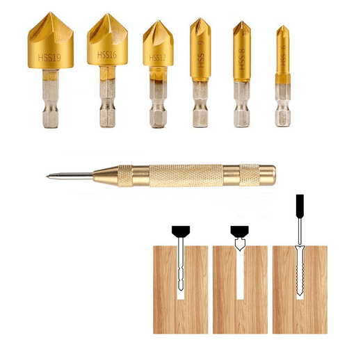 Drillpro 23Pcs Woodworking Chamfer Countersink Drill Bit Set 6Pcs 1/4 Inch Hexagon 5 Flute 90 Degree Countersink Drill Bits 7Pcs Three Pointed Countersink Drill Bit 8Pcs Wood Plug Cutter and Automatic