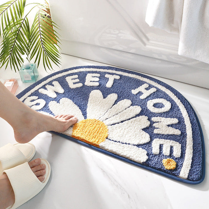 Semicircle Daisy Bath Mat, Sweet Home Bathroom Mat, White Yellow Flower Bath Rug