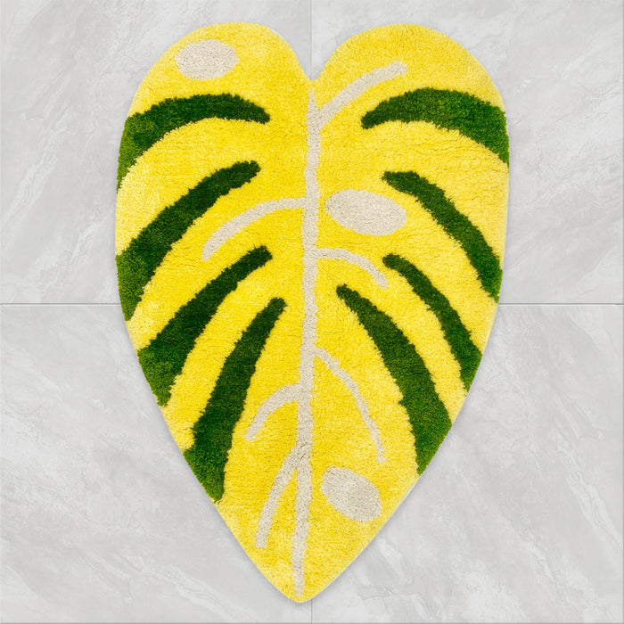 Feblilac Soft Yellow and Green Leaves Bathroom Rug, Heart-Shape Mat, Gift Idea