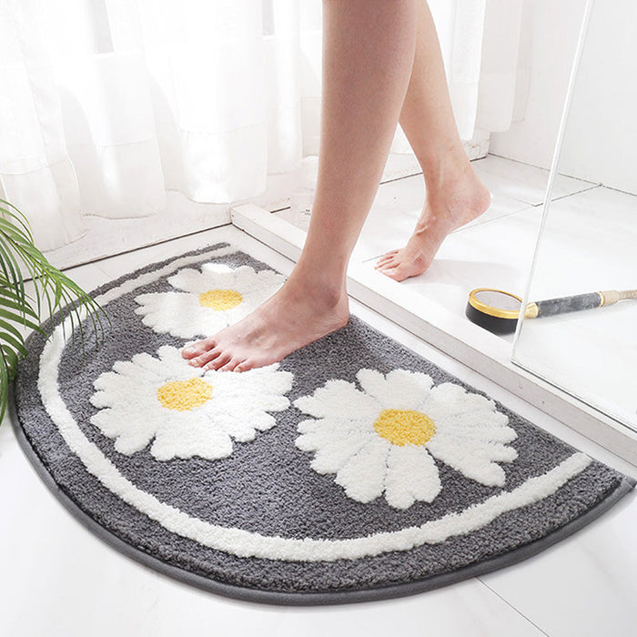 Semicircle Daisy Bath Mat, Sweet Home Bathroom Mat, White Yellow Flower Bath Rug