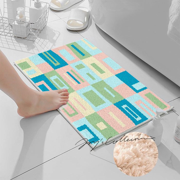 Feblilac Pink and Blue Square Geometric Tufted Bath Mat