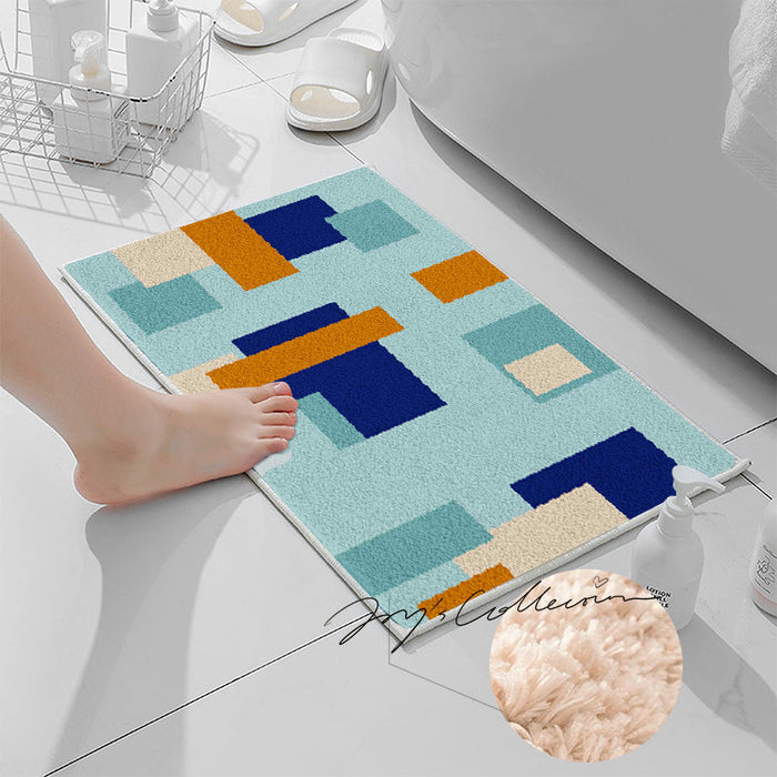 Feblilac Blue and Brown Squares Geometric Tufted Bath Mat