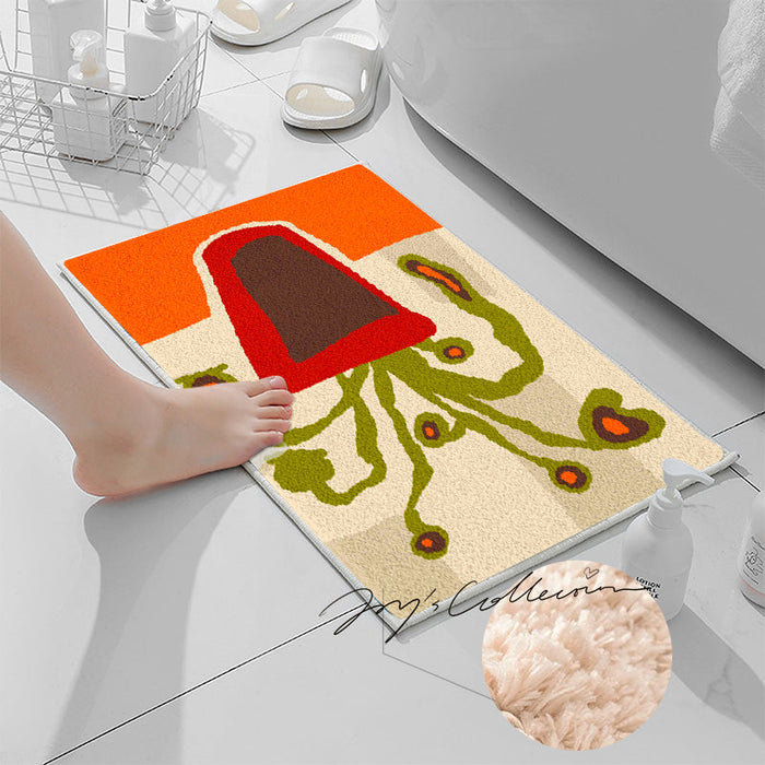 Feblilac Red Vase and Green Plant Tufted Bath Mat