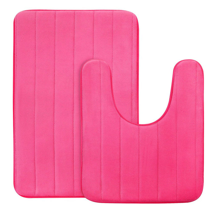 Memory Foam Bath Mat Set of 2, Absorbent Bathroom Rug and U-Shaped Toilet Floor Mat, Hot Pink