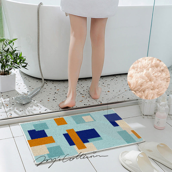 Feblilac Blue and Brown Squares Geometric Tufted Bath Mat