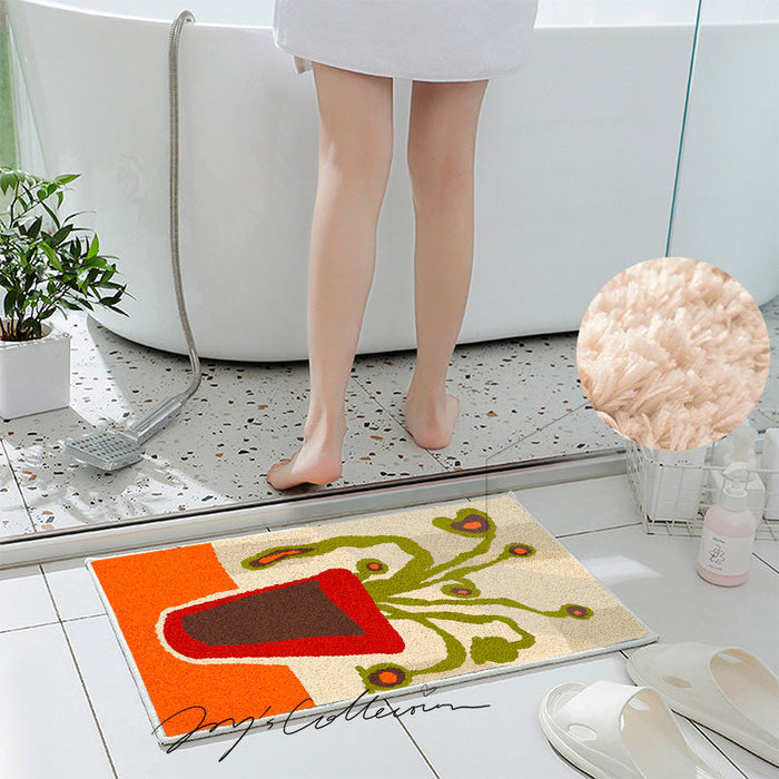 Feblilac Red Vase and Green Plant Tufted Bath Mat