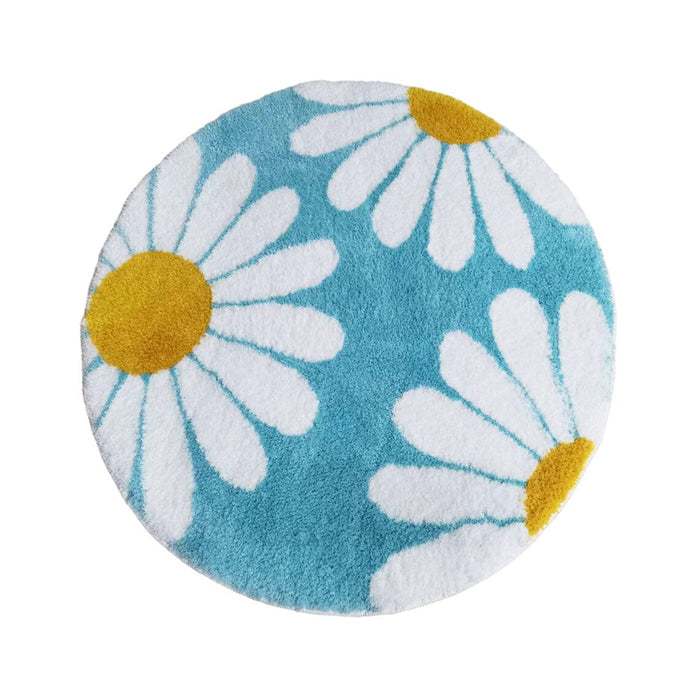 Feblilac Cute Floral Round Teal Daisy Flower Tufted Bath Mat