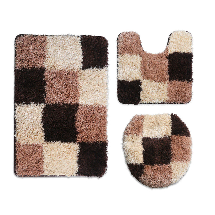 Feblilac Checkerboard / Semi-Circular Pattern Tufted Bath Mat U-Shaped Toilet Floor Mat Toilet Lid Cover