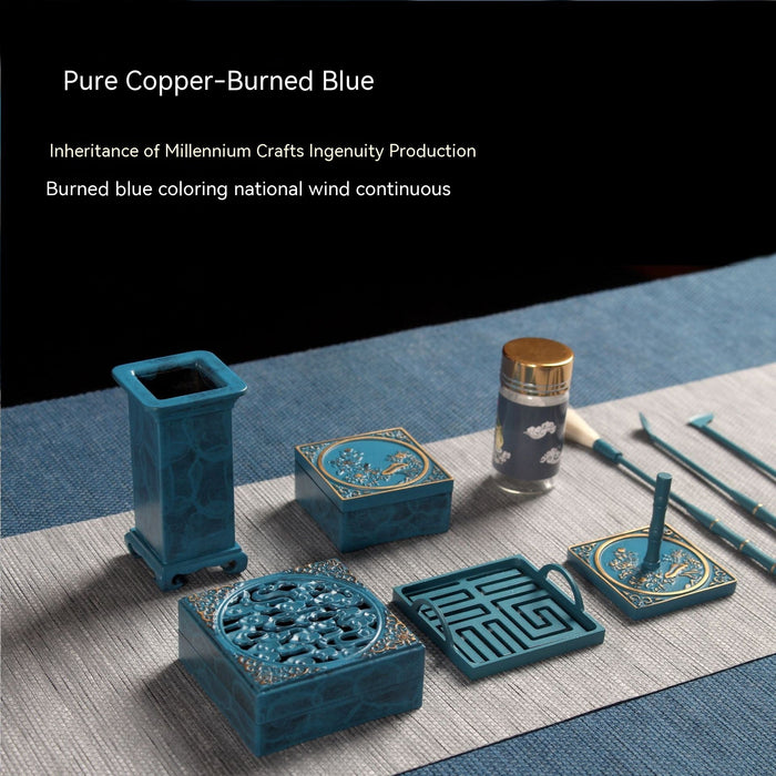 Blue Pure Copper Square Auspicious Cloud Incense Burner Set