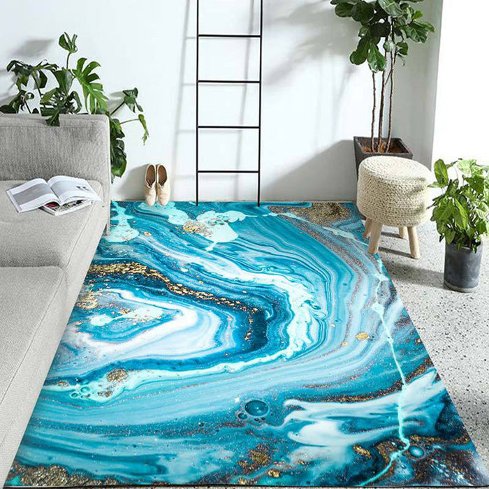 Funky Marble Pattern Rug Blue Modern Rug Polyester Washable Non-Slip Backing Area Rug for Bedroom