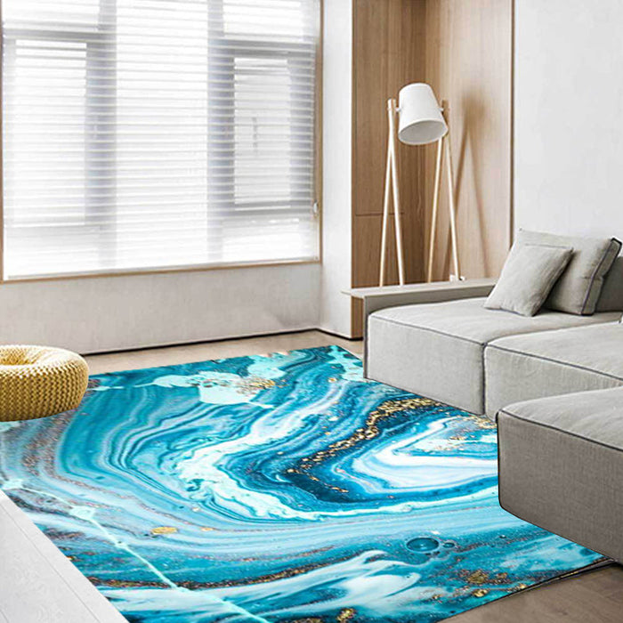 Funky Marble Pattern Rug Blue Modern Rug Polyester Washable Non-Slip Backing Area Rug for Bedroom