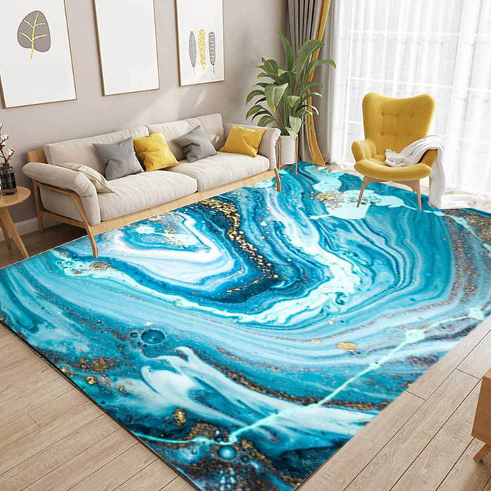 Funky Marble Pattern Rug Blue Modern Rug Polyester Washable Non-Slip Backing Area Rug for Bedroom