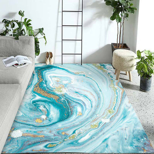 Funky Marble Pattern Rug Blue Modern Rug Polyester Washable Non-Slip Backing Area Rug for Bedroom
