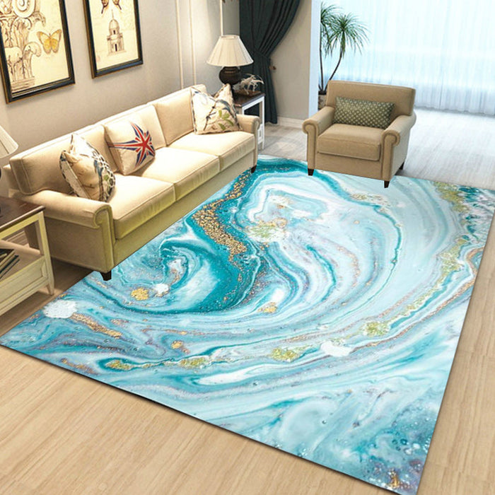 Funky Marble Pattern Rug Blue Modern Rug Polyester Washable Non-Slip Backing Area Rug for Bedroom