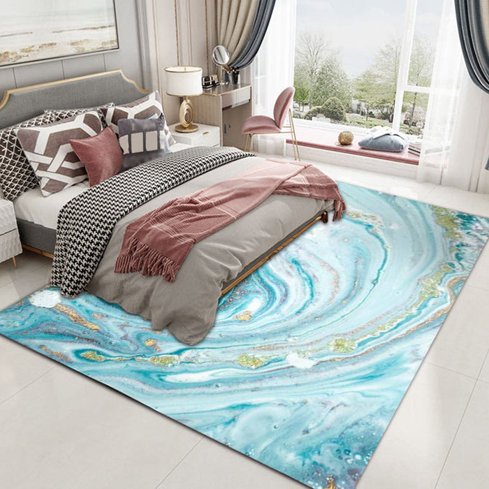 Funky Marble Pattern Rug Blue Modern Rug Polyester Washable Non-Slip Backing Area Rug for Bedroom