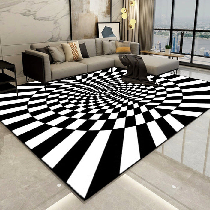 Novelty Living Room Rug in Black and White 3D Circle Stripe Print Rug Polyester Pet Friendly Washable Area Rug