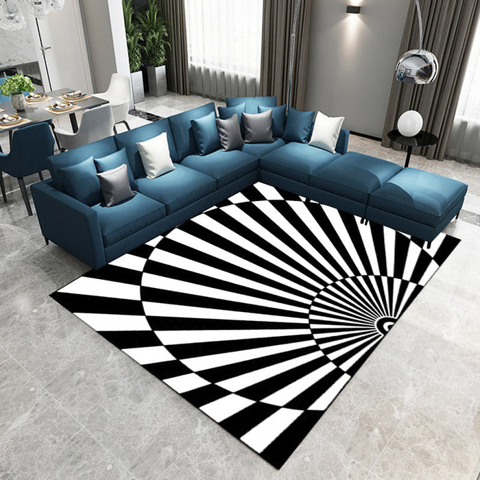 Novelty Living Room Rug in Black and White 3D Semicircle Stripe Print Rug Polyester Pet Friendly Washable Area Rug