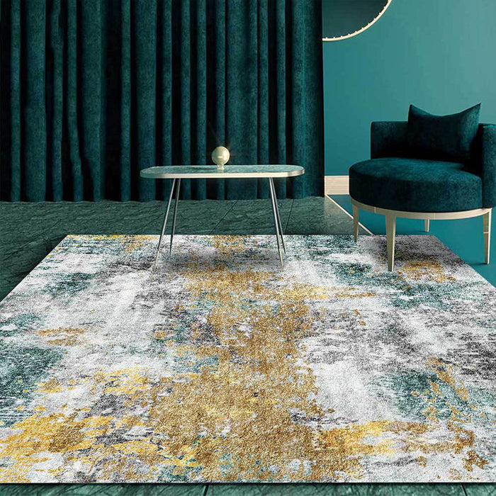 Unique Abstract Rug Golden and Green Industrial Rug Polyester Washable Anti-Slip Backing Area Rug for Living Room