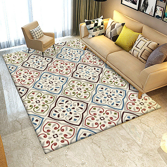 Ivory Bedroom Rug Moroccan Motif Pattern Area Rug Polyester Washable Stain-Resistant Carpet