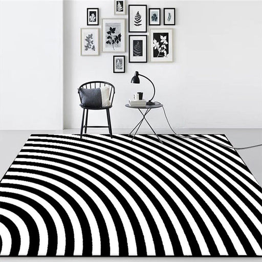 Black and White Bedroom Rug Novelty 3D Half Arc Pattern Area Rug Polyester Non-Slip Stain-Resistant Carpet