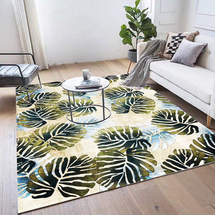 Modern Leaf Pattern Rug with Leaf Yellow and Green Polyester Rug Machine Washable Anti-Slip Area Rug for Bedroom