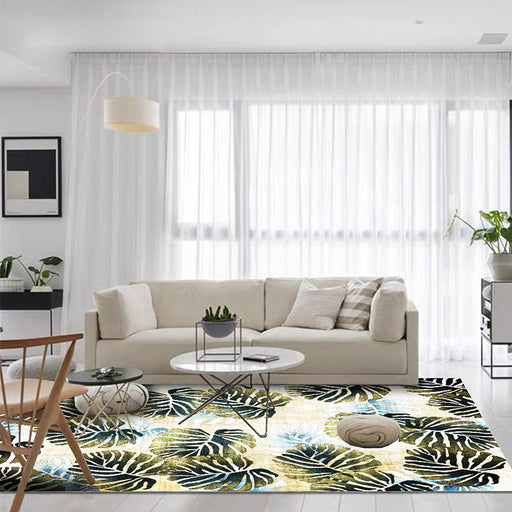 Modern Leaf Pattern Rug with Leaf Yellow and Green Polyester Rug Machine Washable Anti-Slip Area Rug for Bedroom