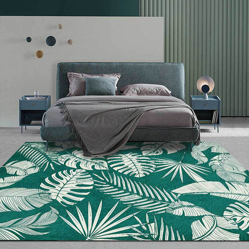 Stylish Leaf Pattern Rug Green Tropical Rug Polyester Washable Anti-Slip Backing Area Rug for Living Room