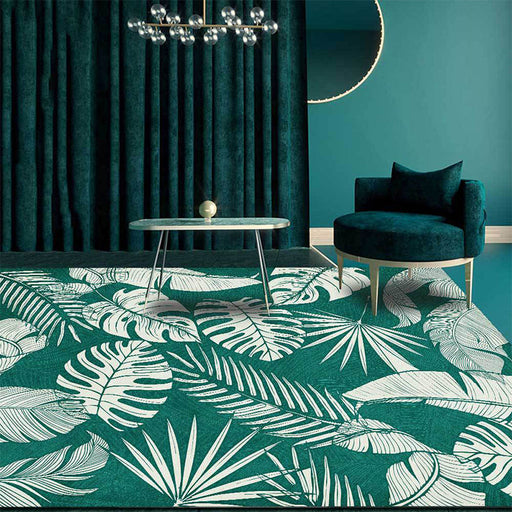 Stylish Leaf Pattern Rug Green Tropical Rug Polyester Washable Anti-Slip Backing Area Rug for Living Room