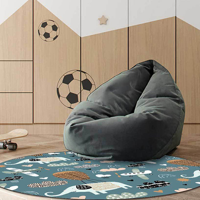 Kids Bedroom Rug in Teal Animal Elephant Plane Heart Print Rug Polyester Stain-Resistant Area Rug