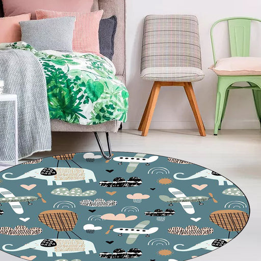 Kids Bedroom Rug in Teal Animal Elephant Plane Heart Print Rug Polyester Stain-Resistant Area Rug