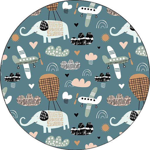 Kids Bedroom Rug in Teal Animal Elephant Plane Heart Print Rug Polyester Stain-Resistant Area Rug