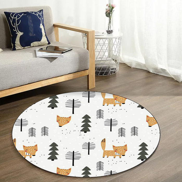 White Child's Room Rug Kids Animal Fox Tree Pattern Area Rug Polyester Stain-Resistant Carpet