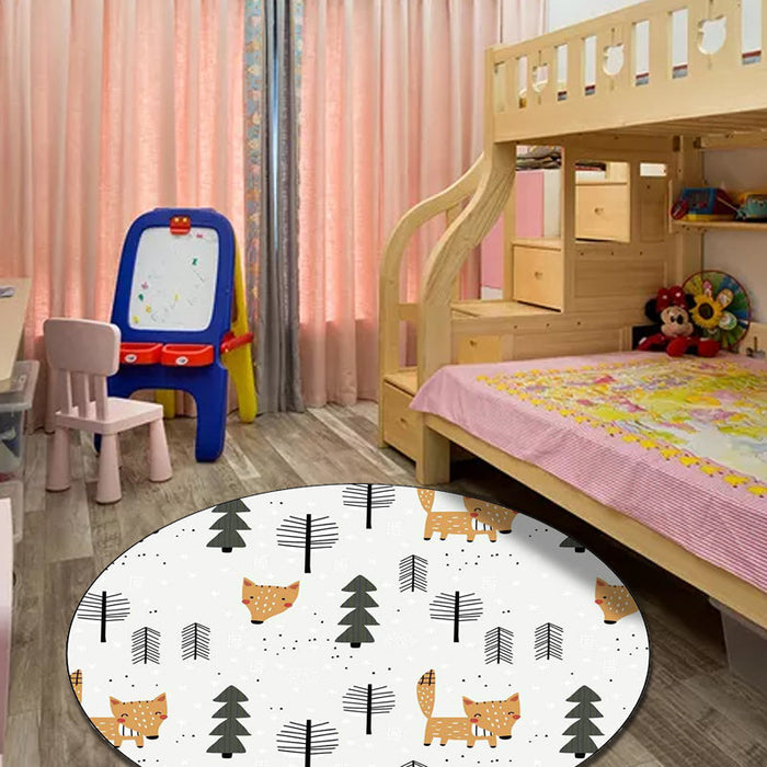 White Child's Room Rug Kids Animal Fox Tree Pattern Area Rug Polyester Stain-Resistant Carpet