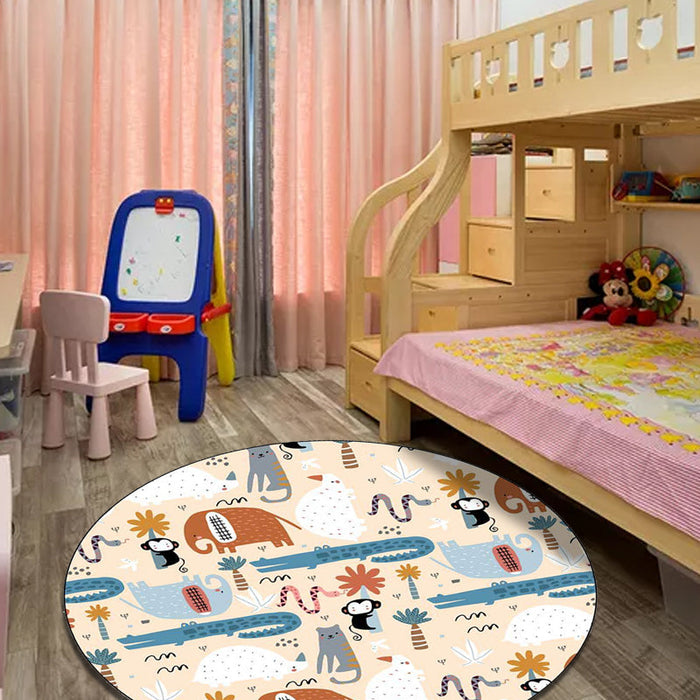 Ivory Child's Room Rug Kids Animal Elephant Monkey Crocodile Pattern Area Rug Polyester Pet Friendly Carpet