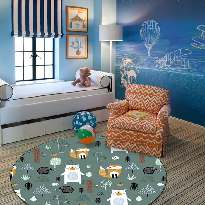 Kids Bedroom Rug in Green Animal Fox Bear Tree Print Rug Polyester Pet Friendly Area Rug