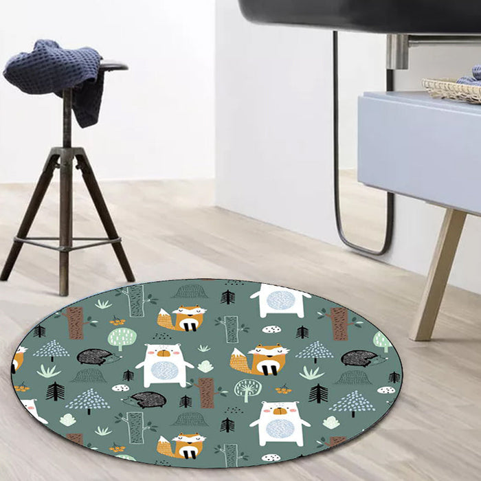 Kids Bedroom Rug in Green Animal Fox Bear Tree Print Rug Polyester Pet Friendly Area Rug