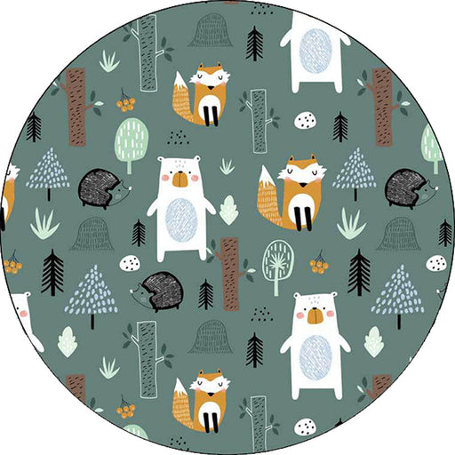 Kids Bedroom Rug in Green Animal Fox Bear Tree Print Rug Polyester Pet Friendly Area Rug