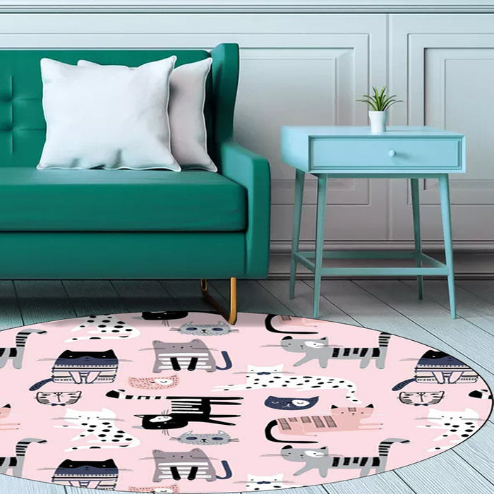 Pink Child's Room Rug Kids Animal Cat Pattern Area Rug Polyester Non-Slip Washable Carpet