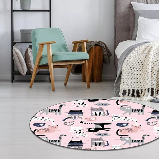 Pink Child's Room Rug Kids Animal Cat Pattern Area Rug Polyester Non-Slip Washable Carpet